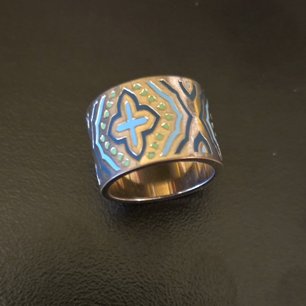 Goldtone Blue Enamel Cross Boho Design Ring